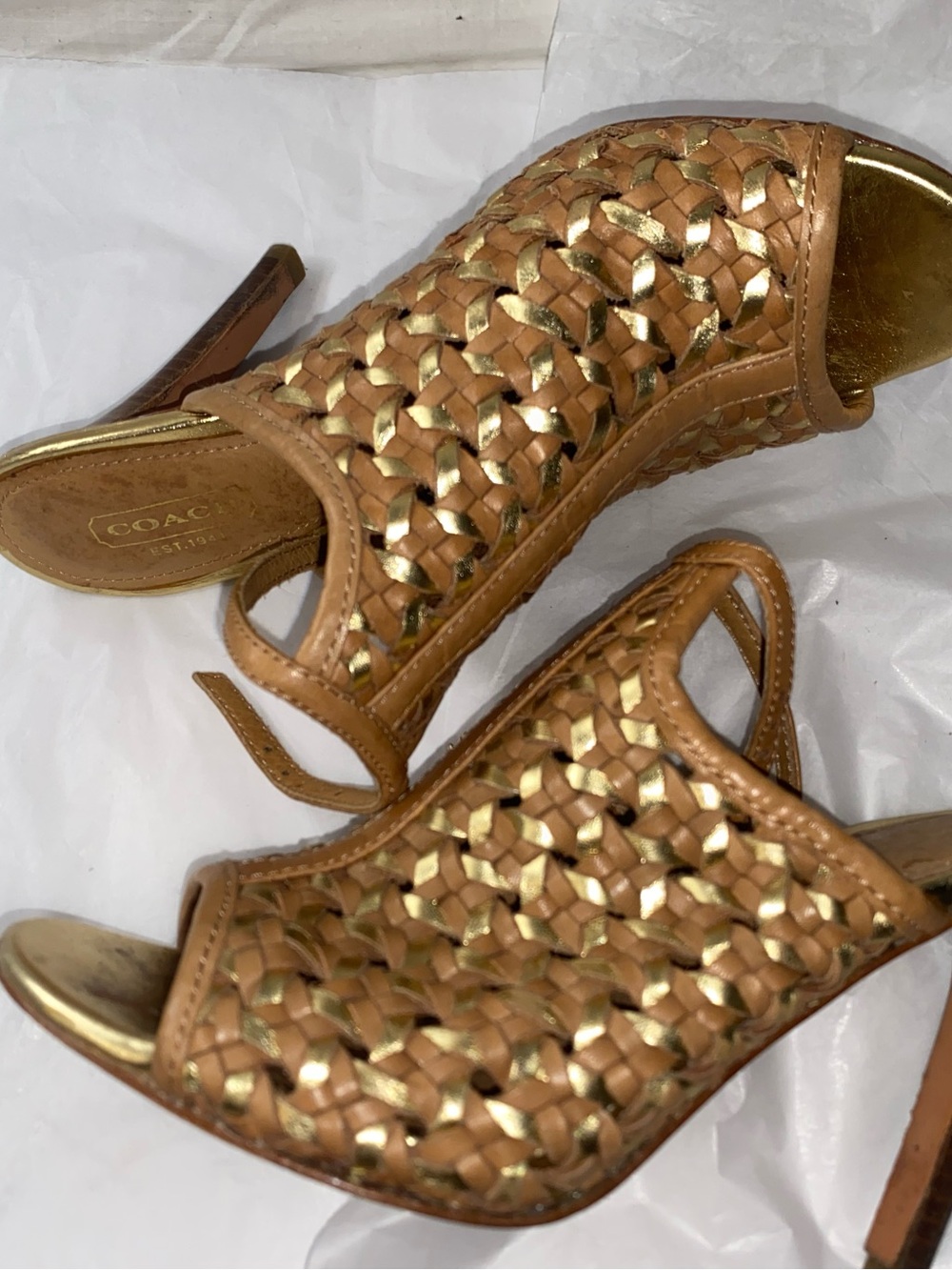 Coach Tan and Gold Woven Leather Peep-Toe Mules
